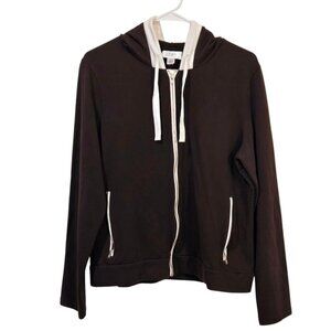 Ann Taylor Loft Womens Size XL Brown Full Zip Up Drawstring Hoodie White Trim